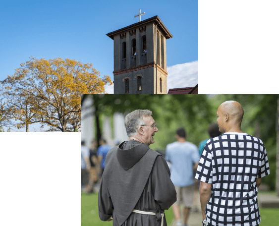 Images group of images with a Friar Talking to a Man as they walk.